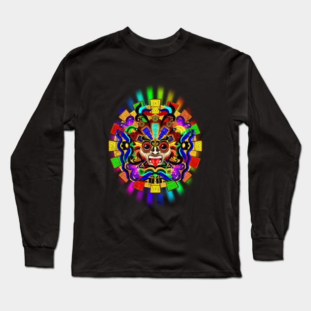 Aztec Warrior Mask Rainbow Colors Long Sleeve T-Shirt by BluedarkArt